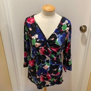 Talbots Colorful Blue, Pink and Green Floral Long Sleeve Wrap Shirt Size Large